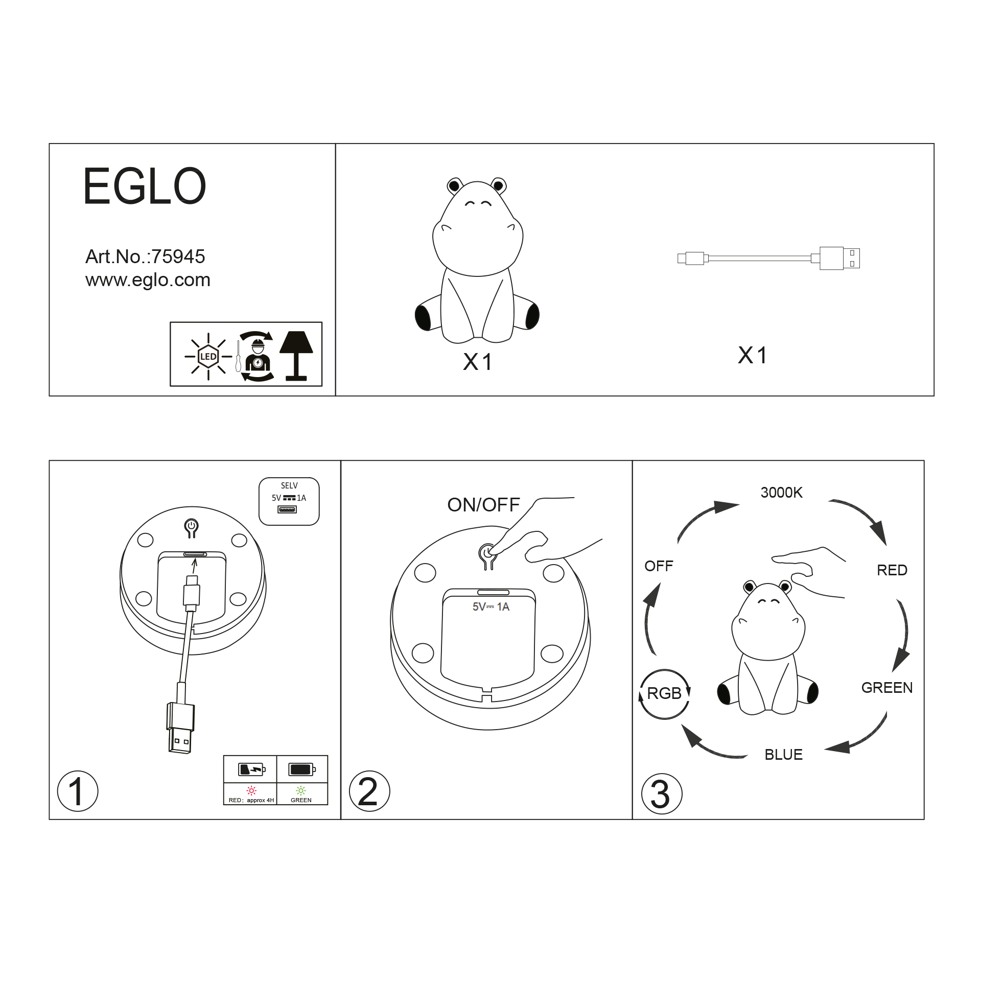 Luz presença EGLO 75945 Hipopótamo
